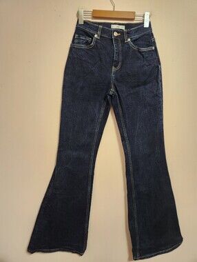MNG Mango Dark Wash High Rise Flare Jeans Size 2 Long Inseam Y2K Western